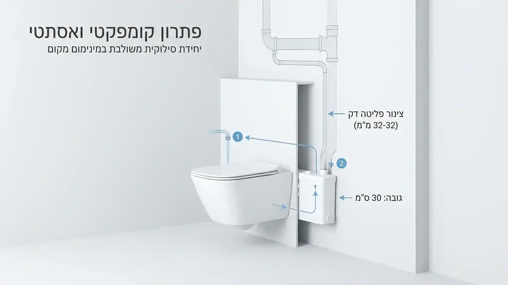 מערכת סילוקית קומפקטית מותקנת מאחורי אסלה בחדר רחצה מודרני