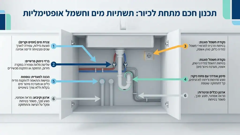 ארון כיור פתוח המציג תכנון מסודר של נקודות חשמל וצנרת מים לקראת התקנת מערכות