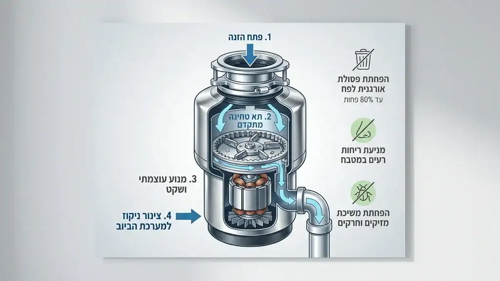 טוחן אשפה איכותי המותקן מתחת לכיור מטבח מודרני מנירוסטה